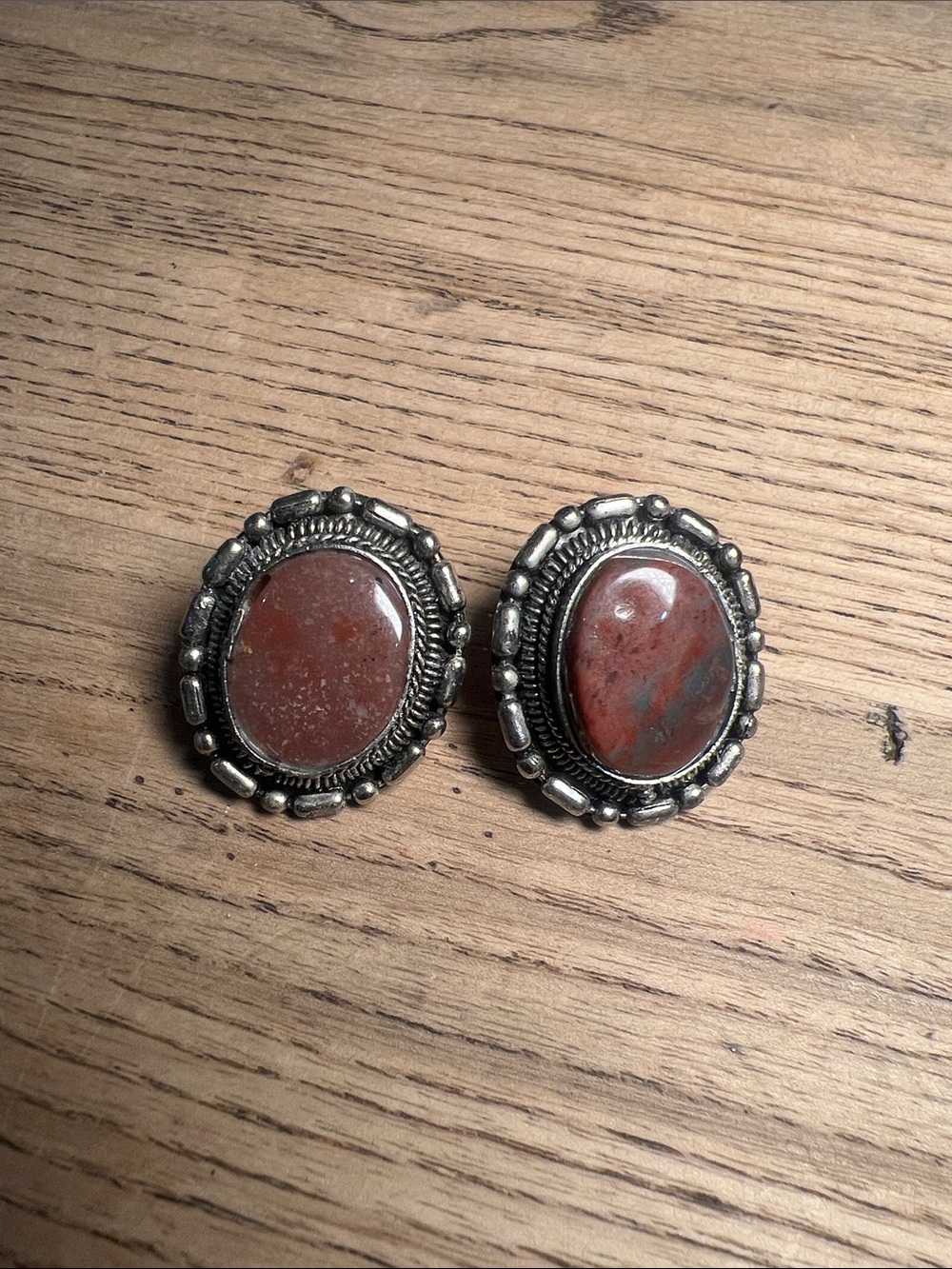 Vintage-Inspired Red Jasper Oval Stone Earrings with Silver Accents